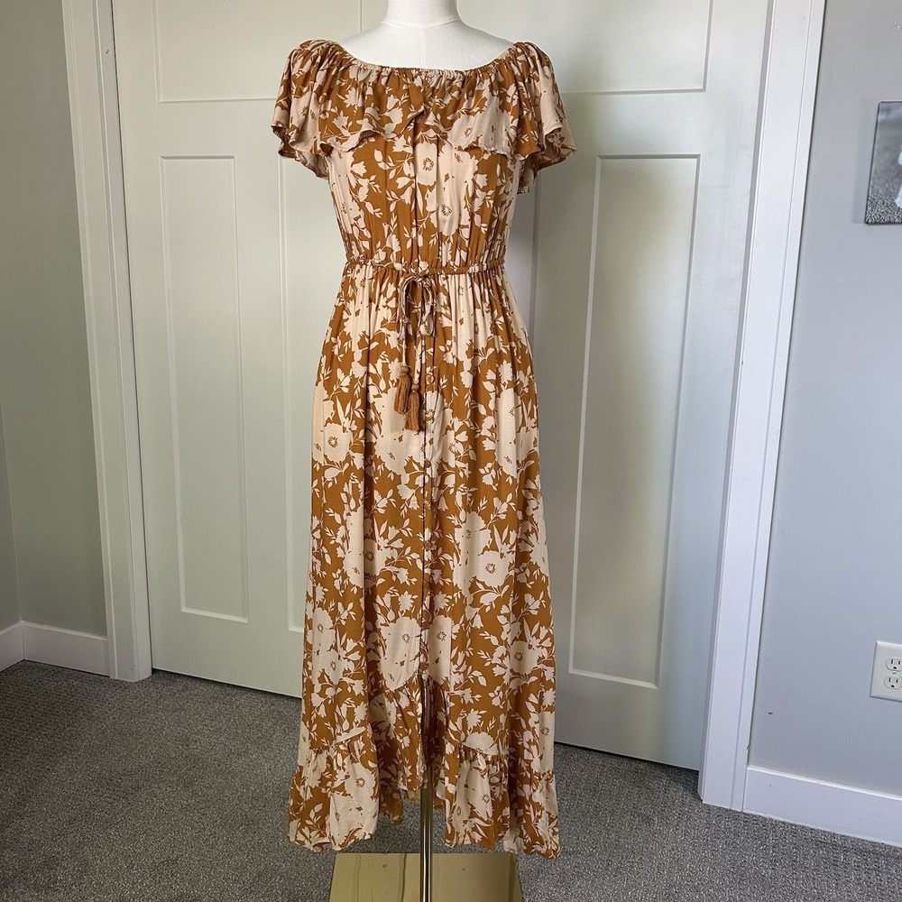 BOG Collective Hi-Low Maxi Off Shoulder Boho Dress XS Floral Cottagecore NWT